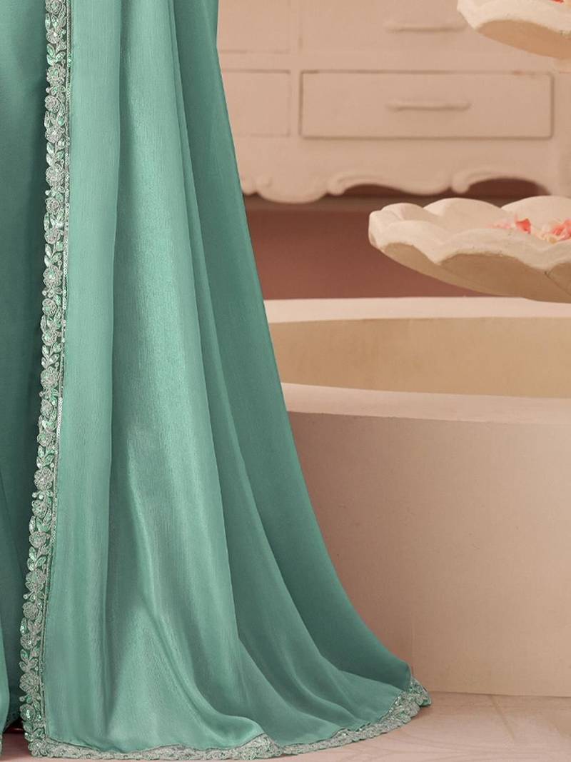 turquoise sequinned pure chiffon saree