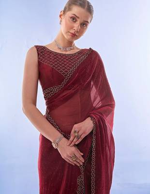 maroon embellished beads and stones pure chiffon saree 1