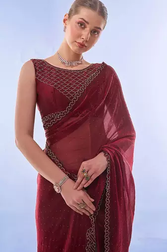maroon embellished beads and stones pure chiffon saree