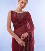 maroon embellished beads and stones pure chiffon saree