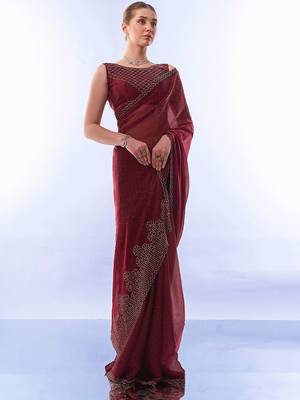 maroon embellished beads and stones pure chiffon saree 2