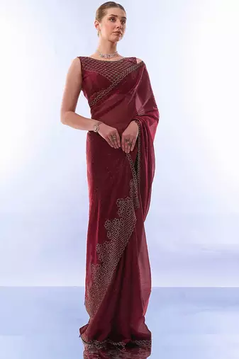 maroon embellished beads and stones pure chiffon saree