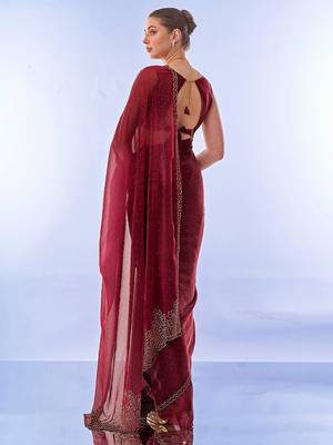 maroon embellished beads and stones pure chiffon saree 3