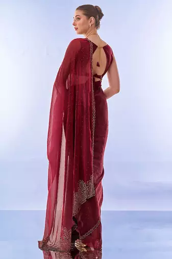 maroon embellished beads and stones pure chiffon saree