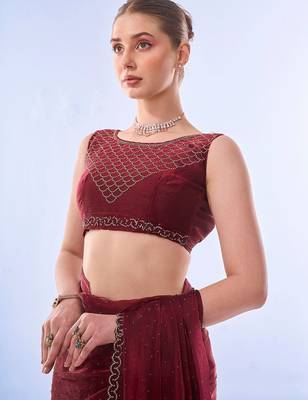 maroon embellished beads and stones pure chiffon saree 4