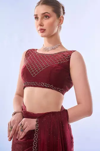 maroon embellished beads and stones pure chiffon saree