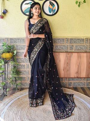 Black black & peach-coloured floral embroidered saree 1