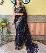 Black black & peach-coloured floral embroidered saree