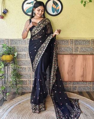 Black black & peach-coloured floral embroidered saree 2