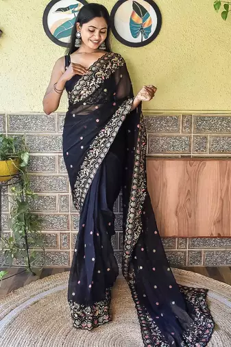 Black black & peach-coloured floral embroidered saree