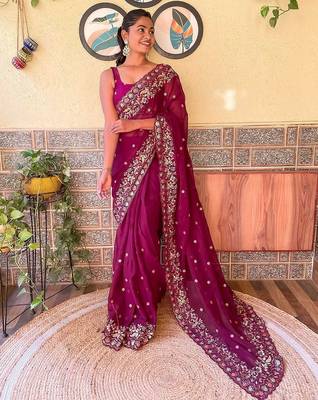 purple purple & pink floral embroidered saree 1