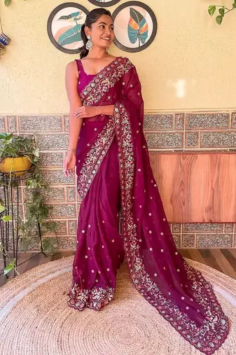 purple purple & pink floral embroidered saree