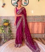 purple purple & pink floral embroidered saree