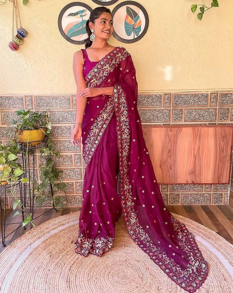 purple purple & pink floral embroidered saree