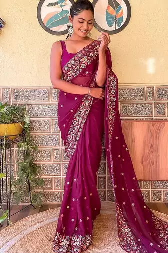 purple purple & pink floral embroidered saree