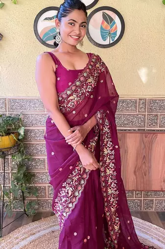 purple purple & pink floral embroidered saree