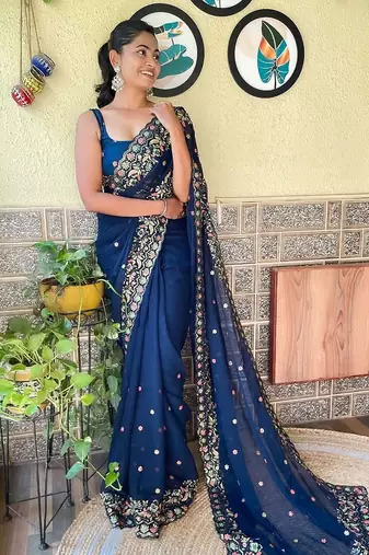 blue floral embroidered sequinned saree