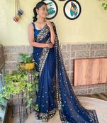 blue floral embroidered sequinned saree