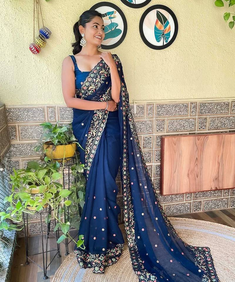 blue floral embroidered sequinned saree