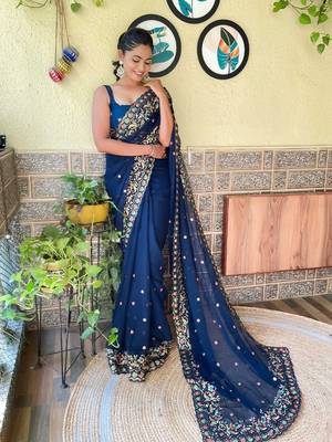 blue floral embroidered sequinned saree 2