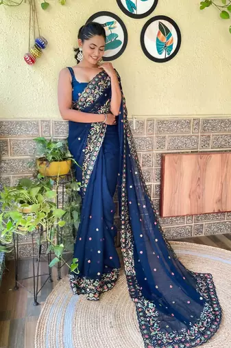blue floral embroidered sequinned saree