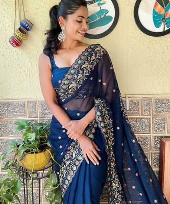 blue floral embroidered sequinned saree 3