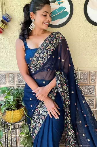blue floral embroidered sequinned saree