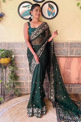 Green green & orange floral embroidered saree