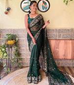 Green green & orange floral embroidered saree