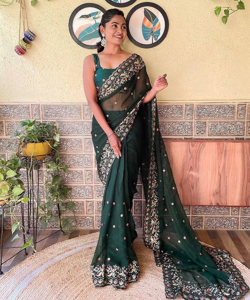 Green green & orange floral embroidered saree