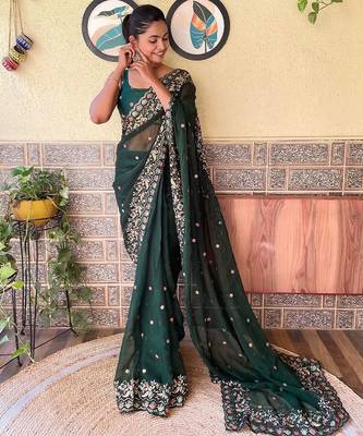 Green green & orange floral embroidered saree 2