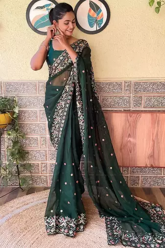 Green green & orange floral embroidered saree