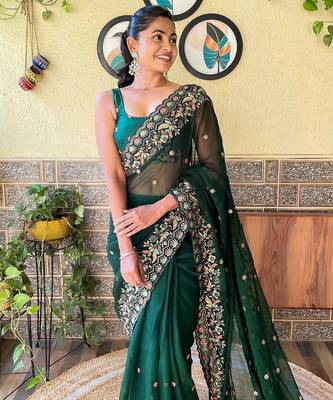 Green green & orange floral embroidered saree 3