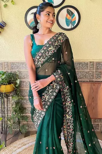 Green green & orange floral embroidered saree