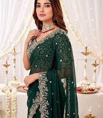 Green ethnic motifs embroidered poly georgette heavy work saree
