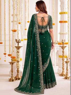 Green ethnic motifs embroidered poly georgette heavy work saree 2