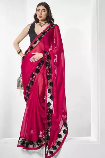 Pink embroidered pure chiffon saree