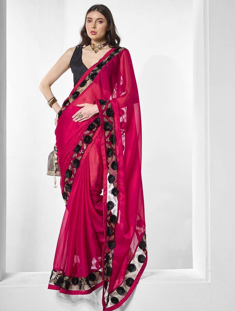 Pink embroidered pure chiffon saree