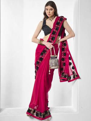 Pink embroidered pure chiffon saree 3