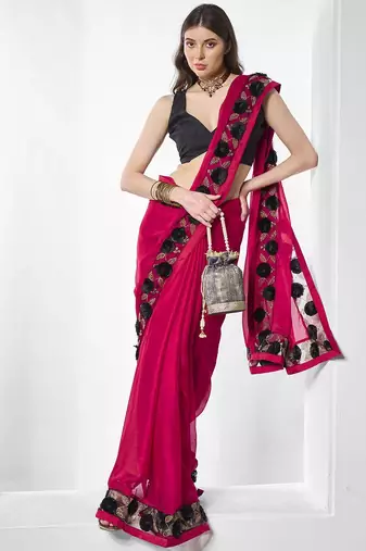 Pink embroidered pure chiffon saree