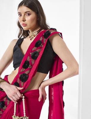 Pink embroidered pure chiffon saree 4