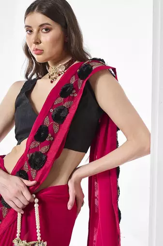 Pink embroidered pure chiffon saree
