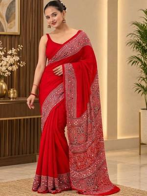 Red ethnic motifs mirror work saree 1