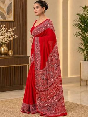 Red ethnic motifs mirror work saree 2