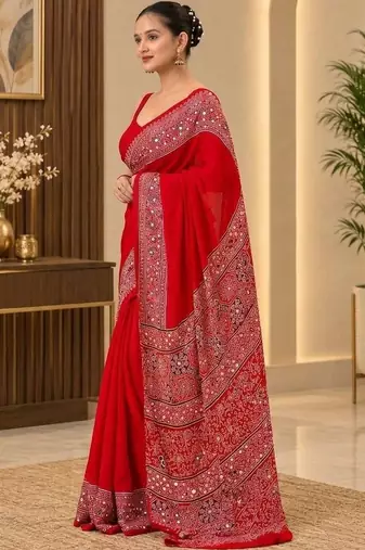 Red ethnic motifs mirror work saree