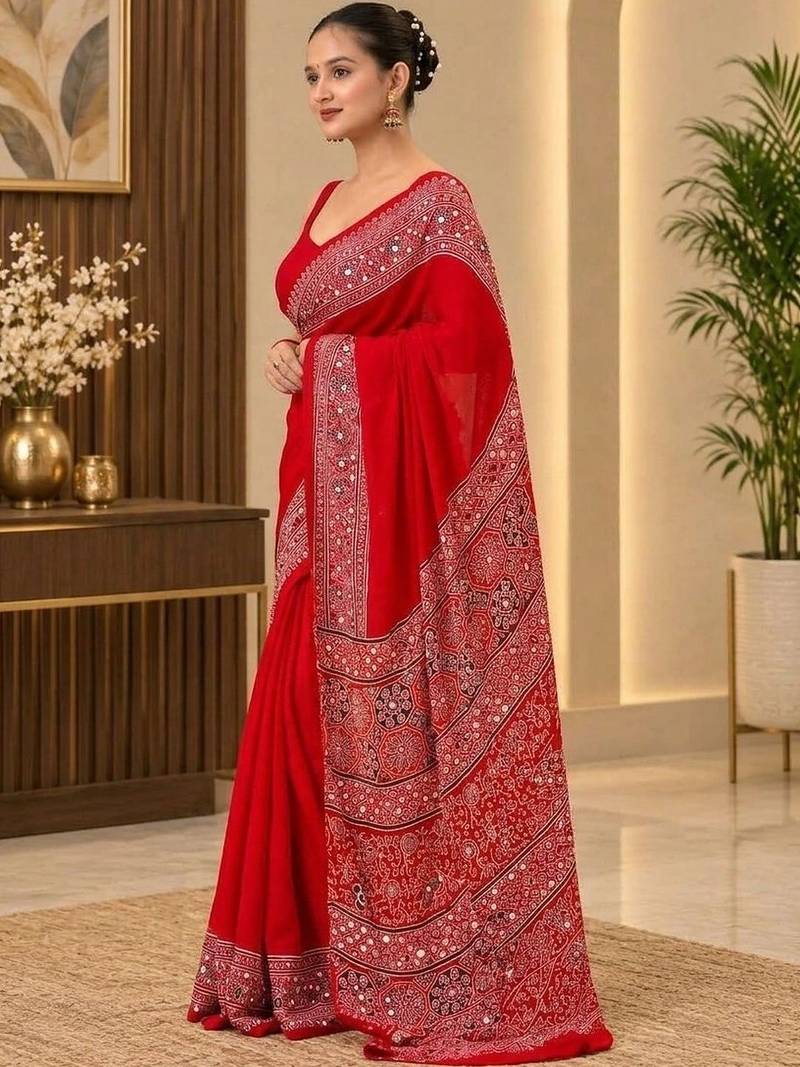 Red ethnic motifs mirror work saree