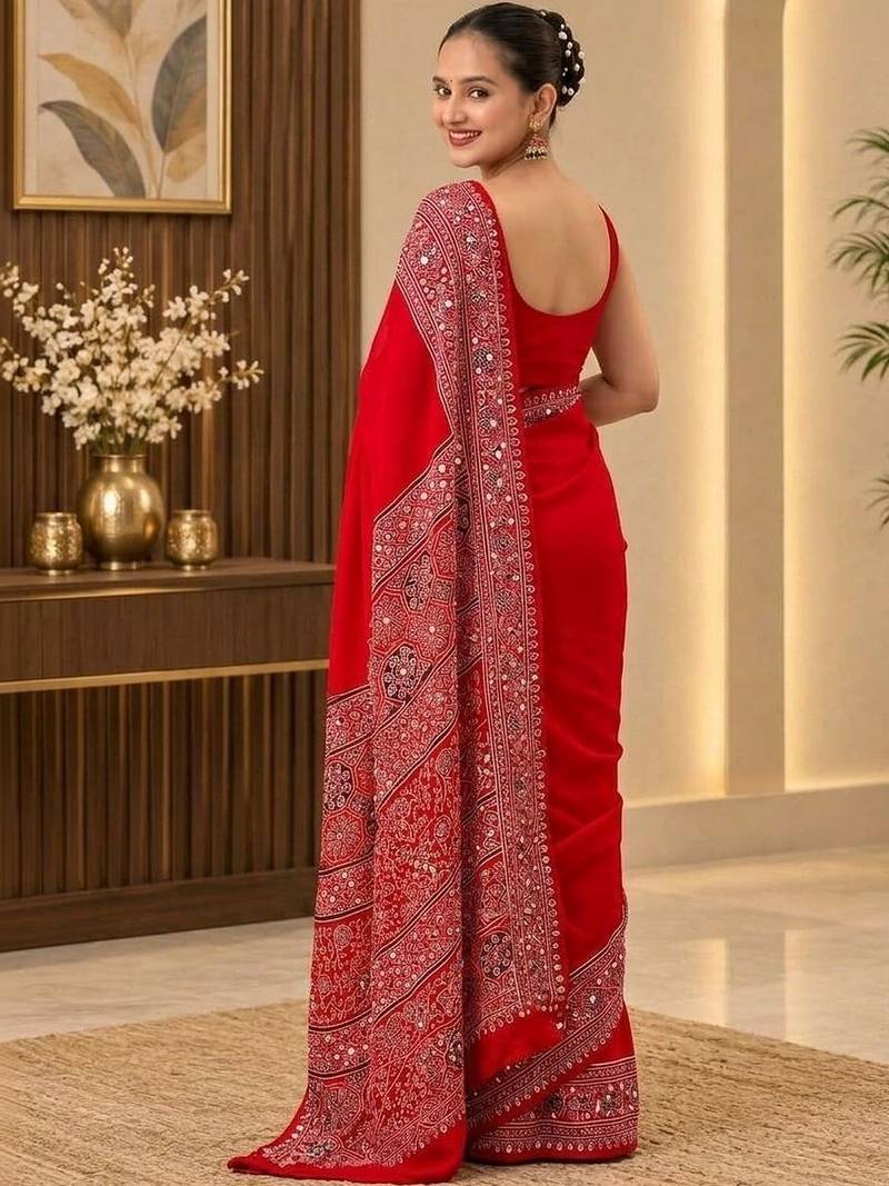 Red ethnic motifs mirror work saree