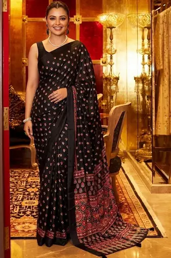 Black women ajrak block mirror work saree