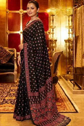 Black women ajrak block mirror work saree