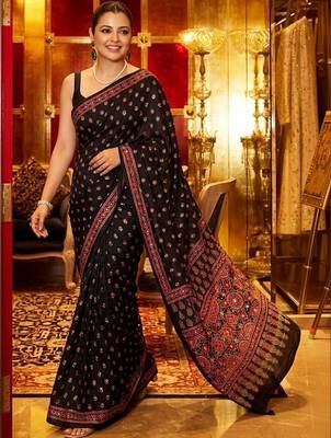 Black women ajrak block mirror work saree 3